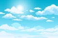 Blue sky with clouds. Anime style background with shining sun and white fluffy clouds. Sunny day sky scene cartoon Royalty Free Stock Photo