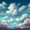 Blue sky with clouds. Anime style background with shining sun and white fluffy clouds. Royalty Free Stock Photo