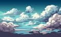 Blue sky with clouds. Anime style background with shining sun and white fluffy clouds. Sunny day sky scene cartoon Royalty Free Stock Photo