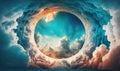 a blue sky with clouds and a circle in the middle of it with a bright sun in the middle of the center of the picture Royalty Free Stock Photo