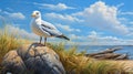 Seagull Resting On Rock: Lively Coastal Landscape In David Ligare Style