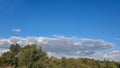 Blue sky with clouds, flying birds and green branches. Summer nature. Road. Royalty Free Stock Photo