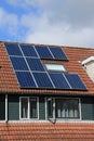 Solar Panels On The Roof Of The House In Spring.