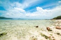 Blue sky with clouds over Anse Banane beach in La Digue island Royalty Free Stock Photo