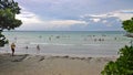 Blue sky and clouds over a tropical beach with green trees in Playa Larga, Cuba. Royalty Free Stock Photo