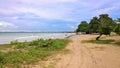 Blue sky and clouds over a tropical beach with green trees in Playa Larga, Cuba. Royalty Free Stock Photo