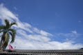 Blue sky and clouds palm tree and satellite dish on the roof Filmed in Chiang mai City ,Thailand Royalty Free Stock Photo