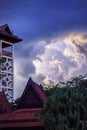 Blue sky with clouds and rainy clouds far away, Storm clouds gather over the town. Royalty Free Stock Photo