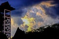 Blue sky with clouds and rainy clouds far away, Storm clouds gather over the town. Royalty Free Stock Photo