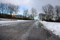 The bridge and the park under the snow in the winter. Royalty Free Stock Photo