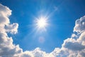 Blue sky with clouds and sun reflection.The sun shines bright in Royalty Free Stock Photo