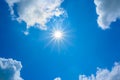 Blue sky with clouds and sun reflection.The sun shines bright in the daytime in summer Royalty Free Stock Photo