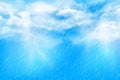 Blue sky with clouds, sunbeam and sun. Realistic vector background Royalty Free Stock Photo