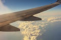 Blue sky with clouds under the wing of an airplane. Royalty Free Stock Photo