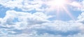 Blue sky, cloudscape background banner panorama , with clouds and sun reflection / sunshine sunbeams - summer weather Royalty Free Stock Photo