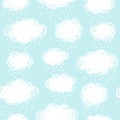 Blue sky with doodle style clouds and snow, rain drops