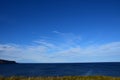 Blue sky with feathery clouds over the horizon of the ocean