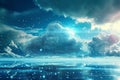 Blue Sky Filled With Clouds and Stars, A serene image of a \'Data Cloud\' with streaming bits and bytes, AI Generated