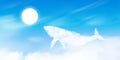 Blue sky with fluffy cloud in whale shape flying to the sun,Vector Cartoon sky with cirrus clouds, Horizon banner in sunny day