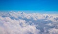 Blue sky with fluffy clouds, natural cloudscape view from plane window. Airplane travel concept. White clouds overcast