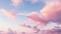 Blue sky with fluffy pink clouds at sunset, dawn of the day. Warm pastel colors, serene romantic background. Royalty Free Stock Photo