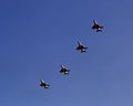 Blue sky, the four fighters seven planes in formation flight training