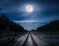 Blue sky and full moon above silhouettes of trees and railway. Royalty Free Stock Photo