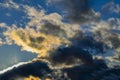 Blue sky with gold clouds - dramatic sunset, beautiful natural background. Setting sun illuminates the clouds Royalty Free Stock Photo