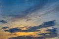 Blue sky with gold clouds - dramatic sunset, beautiful natural background. Setting sun illuminates the clouds Royalty Free Stock Photo