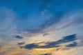 Blue sky with gold clouds - dramatic sunset, beautiful natural background. Setting sun illuminates the clouds Royalty Free Stock Photo