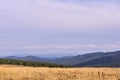 Blue sky. Green Forest. High mountains. Field