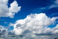 Blue sky with heavy cumulus clouds and bird silhouettes