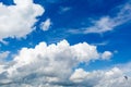 Blue sky with heavy cumulus clouds and bird silhouettes