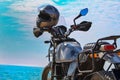 blue sky  and high speed bike,bike and helmet,Part of motorcycle  headlight. Detail of Motorbike Royalty Free Stock Photo