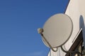 Blue sky on its background white old satellite dish on a building Royalty Free Stock Photo