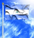 Blue sky and mast with hanged waving flag of Nicaragua