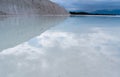 The blue sky mirrored in Natural Pamukkale basins. Denizli province. Turkey