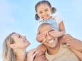 Blue sky, mom and girl on shoulders of dad in having fun outdoor in park, beach and nature. Summer, love and happy Royalty Free Stock Photo