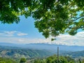 Blue sky and mountain with close leaves