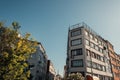 blue sky over contemporary buildings and