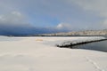 Blue sky over fjord and tromsoe city island and bridge with snow Royalty Free Stock Photo