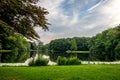 Blue sky over a lake and green grass at Haagse Bos, forest in Th Royalty Free Stock Photo