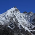 Blue sky over a snow covered peak seen from Gorakshep Royalty Free Stock Photo
