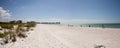 Blue sky over white sand and green beach grass of Tigertail Beach