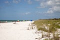 Blue sky over white sand and green beach grass of Tigertail Beach