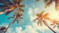 Blue sky and palm trees view from below, vintage style, tropical beach and summer background, travel concept Royalty Free Stock Photo