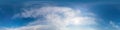 Blue sky panorama with Cirrus clouds. Seamless hdr 360 degree pa Royalty Free Stock Photo