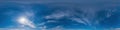 Blue sky panorama with Cirrus clouds. Seamless hdr 360 degree pano in spherical equirectangular format. Complete zenith Royalty Free Stock Photo