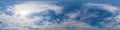 Blue sky panorama with Cumulus clouds. Seamless hdr 360 degree p Royalty Free Stock Photo