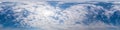 Blue sky panorama with Cumulus clouds. Seamless hdr 360 degree pano in spherical equirectangular format. Complete zenith Royalty Free Stock Photo